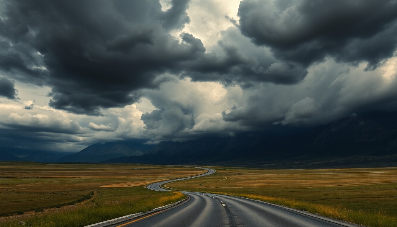 A sweeping, atmospheric landscape painting showing a winding highway partially obscured by dark, dramatic storm clouds, conveying the overwhelming power of an approaching severe weather system.