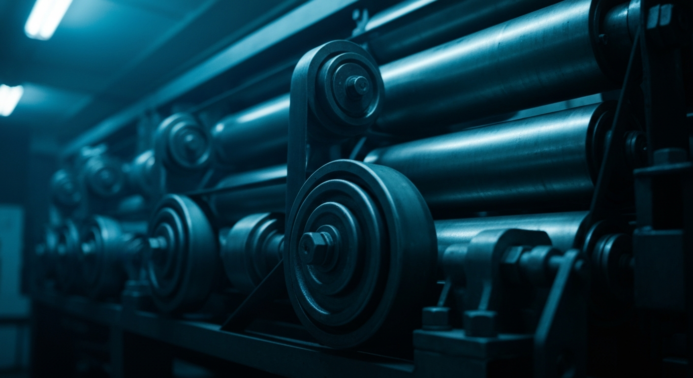 An extreme close-up of large, industrial FedEx shipping equipment and machinery, conveying the heavy, physical nature of the logistics business in a cinematic, wordless visual metaphor.