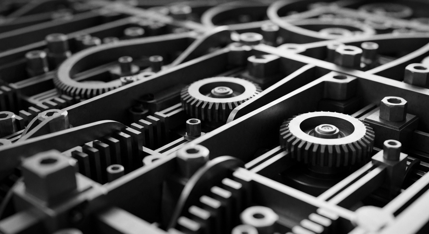 A high-contrast black and white close-up image of the intricate mechanical components and systems that power a modern financial data and analytics platform, conveying the technical complexity and importance of Moody's role in the global economy.