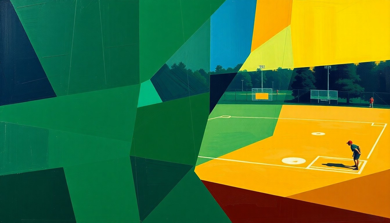 A fragmented, geometric painting depicting the dynamic movements and energy of a high school softball game, with sharp planes of green, blue, and yellow hues.