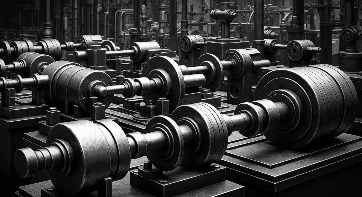A high-contrast black and white close-up image of gears, levers, and other industrial banking equipment, conveying the heavy, mechanical nature of financial institutions and transactions.