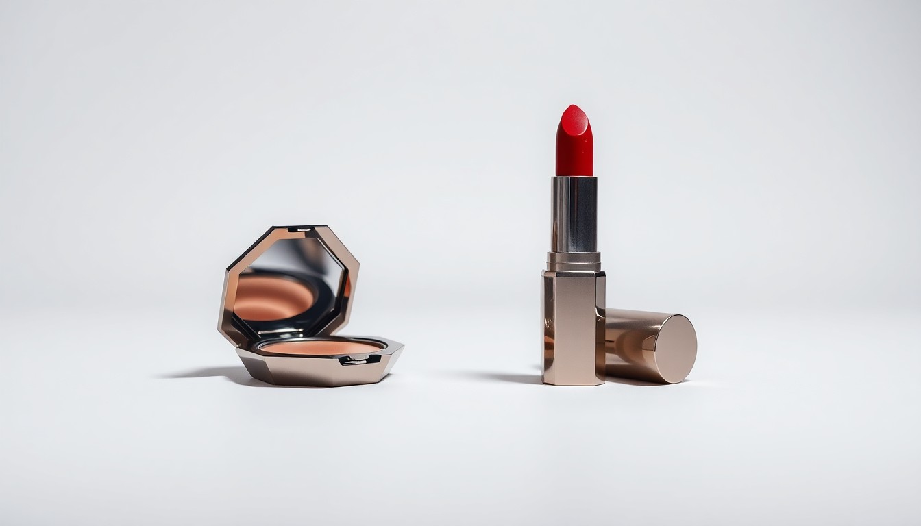 A high-end, photorealistic studio still-life photograph featuring a polished, geometric makeup compact and a sleek, metallic lipstick tube arranged elegantly on a clean, monochromatic background, conceptually representing the abstract concepts of corporate strategy and market trends in the beauty industry.