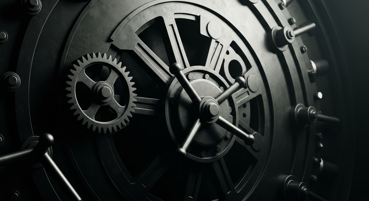 An extreme close-up of the heavy, industrial machinery and mechanisms that make up the door of a large bank vault, conveying a sense of institutional financial security and power through its dramatic lighting and cinematic framing.