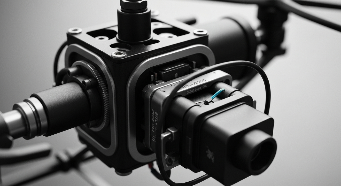 A highly detailed, black-and-white macro photograph of the internal components and mechanics of a drone video system, conveying a sense of the technical sophistication and industrial strength of Unusual Machines' products.