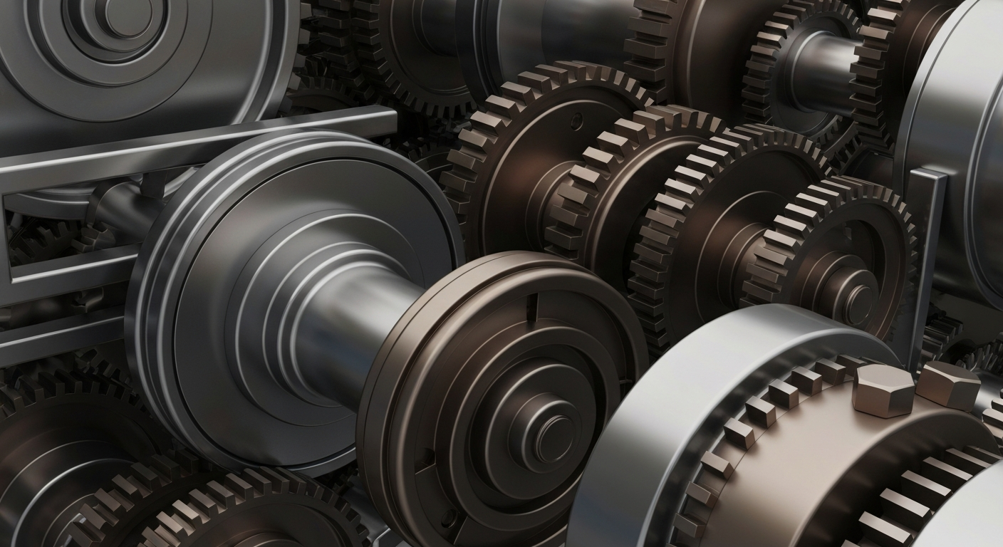 An extreme close-up of heavy, metallic banking machinery and gears in shades of grey, bronze, and black, conveying the idea of financial security and economic infrastructure without using literal currency or charts.