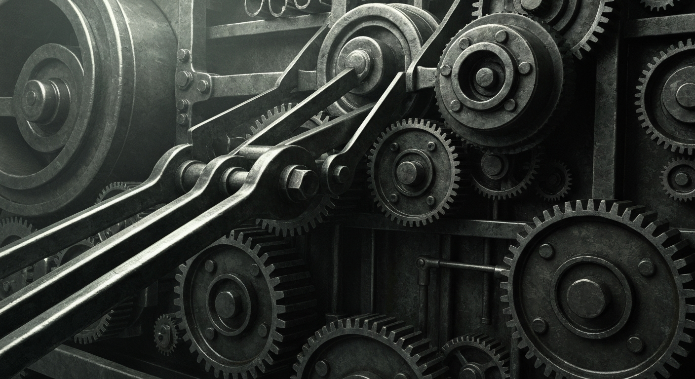 An extreme close-up of industrial gears, levers, and other heavy machinery in muted tones, conveying the complex financial and technological infrastructure of a major pharmaceutical company.