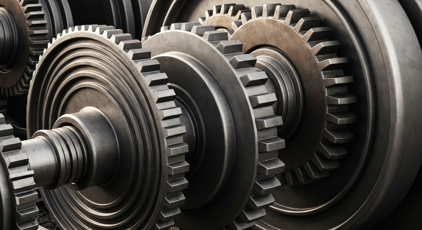 An extreme close-up of intricately detailed, heavy metal machinery and gears in shades of steel grey, bronze, and black, conveying the powerful industrial nature of a major freight railroad company.