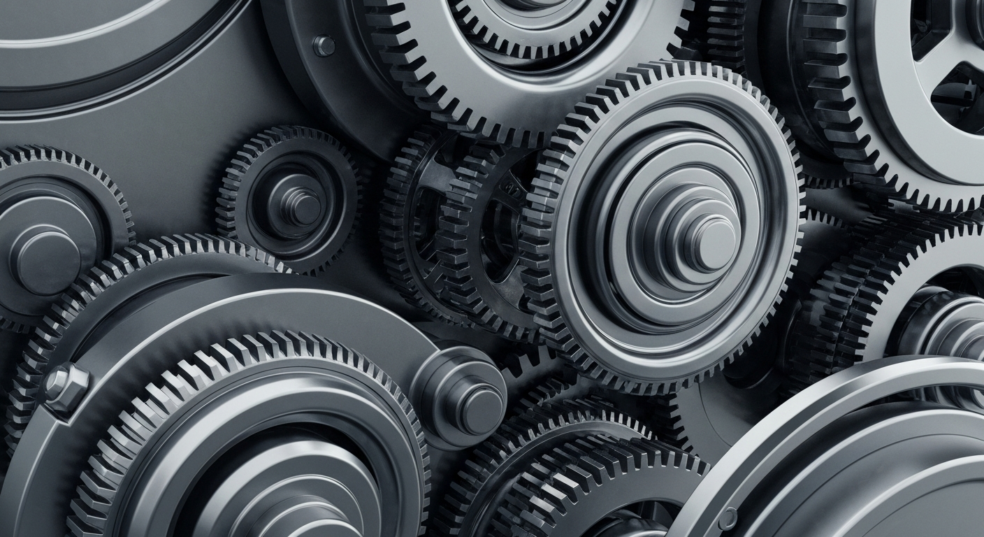 An extreme close-up of a series of interlocking, metallic gears and machinery, rendered in high contrast black and white tones to create a powerful, industrial visual metaphor for the financial infrastructure of the healthcare sector.