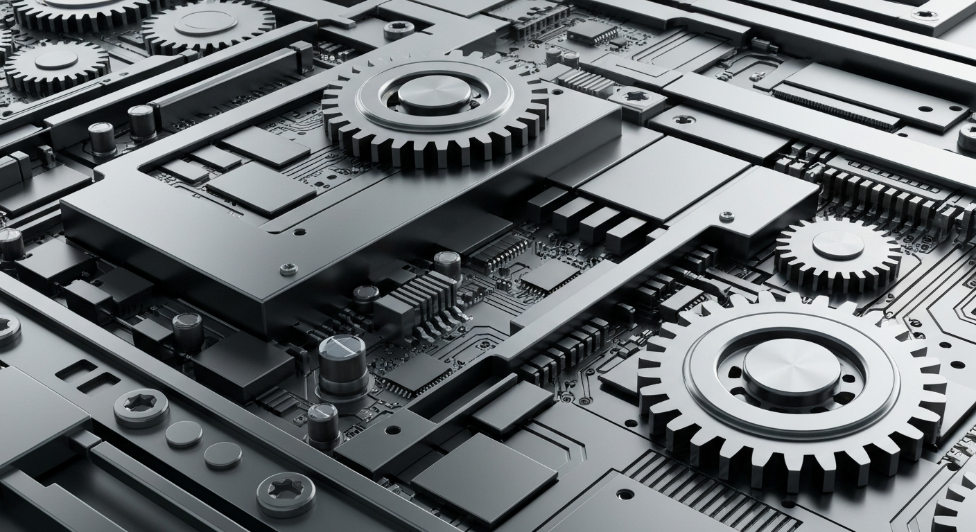 An extreme close-up of intricate, metallic machinery components in shades of grey, representing the complex power management technology inside semiconductor devices.