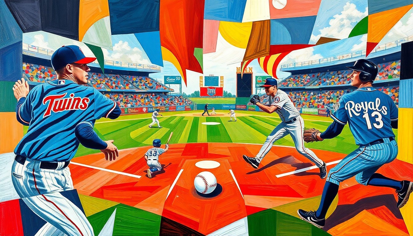 A cubist, geometric painting depicting a baseball game in motion, with the players, ball, and field broken down into sharp, overlapping shapes and planes of vibrant colors.