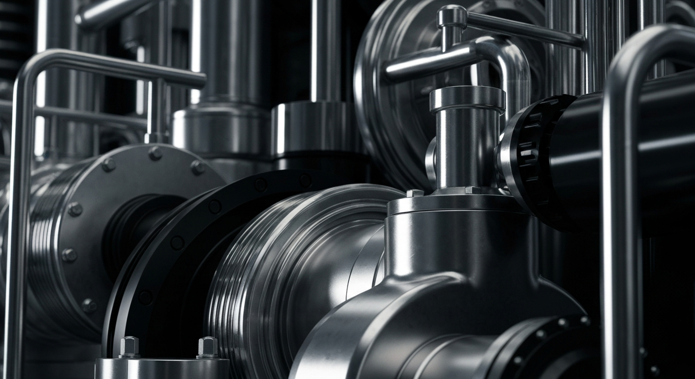 An extreme close-up of gleaming, intricate industrial machinery and equipment, conveying the robust, secure nature of Crane's diversified business.