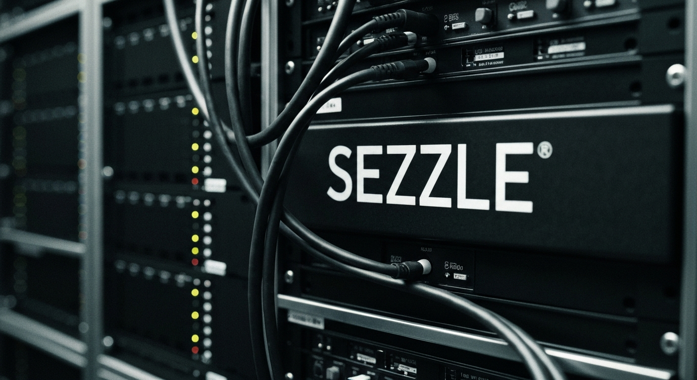 An extreme close-up of various industrial financial technology components, such as servers, cables, and payment processing equipment, rendered in a high-contrast, cinematic style that conveys the complex infrastructure supporting Sezzle's buy now, pay later services.