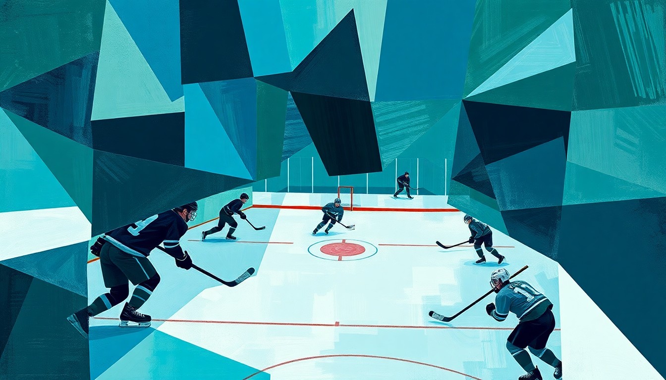 A fractured, abstract painting depicting a hockey game, with the players and ice reduced to angular, overlapping geometric shapes in shades of blue, green, and gray, conveying the intensity and strategic nature of the matchup.