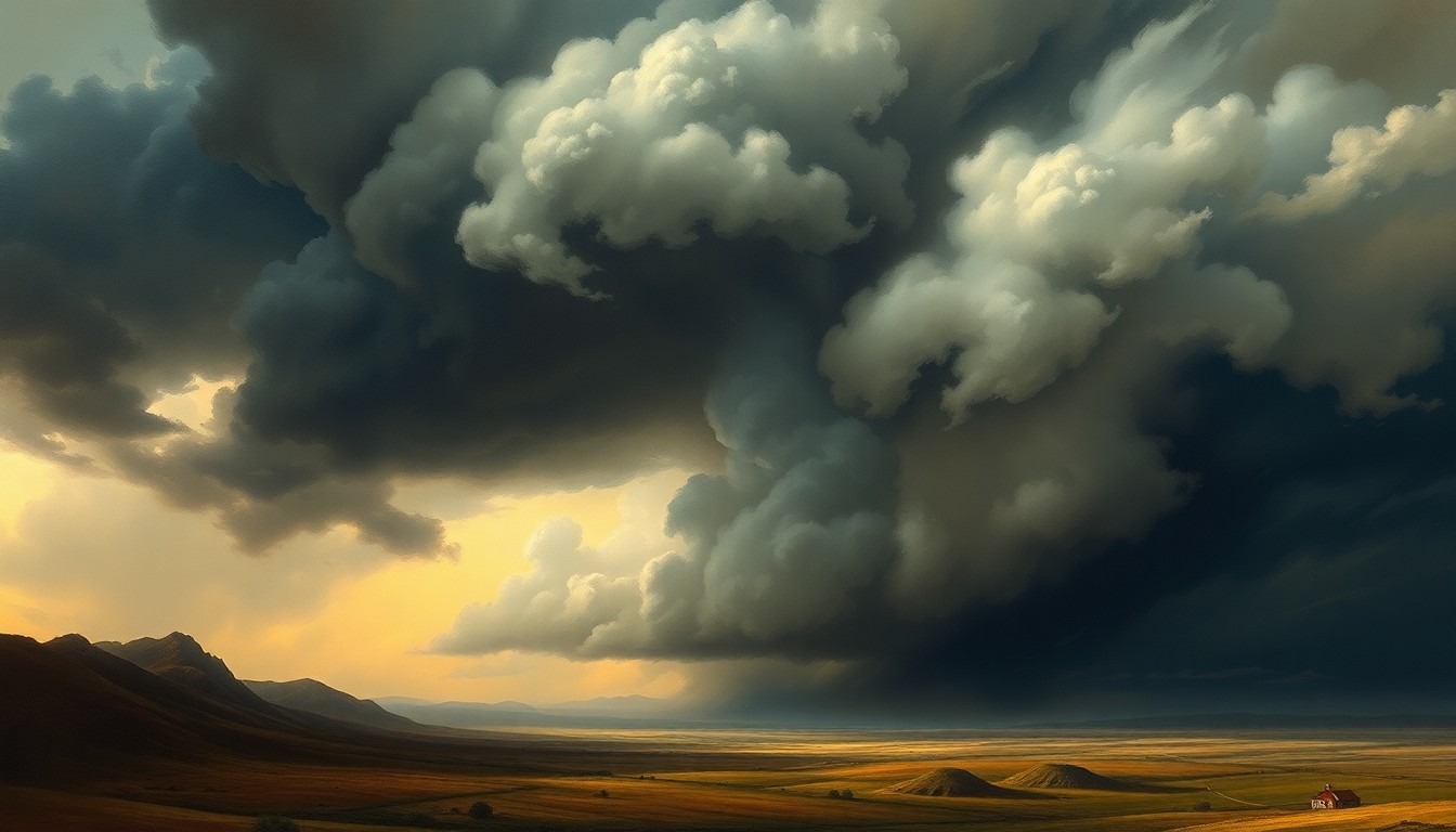 A sweeping, atmospheric landscape painting depicting a massive, swirling thunderstorm system dominating the horizon, with dramatic lighting and deep perspective conveying the overwhelming scale of the natural forces at play.