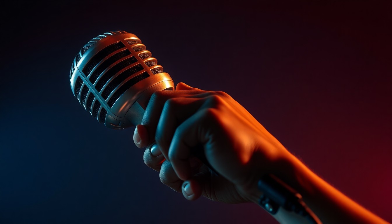An extreme close-up of Wendy Moten's hand holding a vintage microphone, with the texture of the skin and metal captured in dramatic, high-contrast lighting to create a glamorous, abstract visual representation of her career as a backup singer.