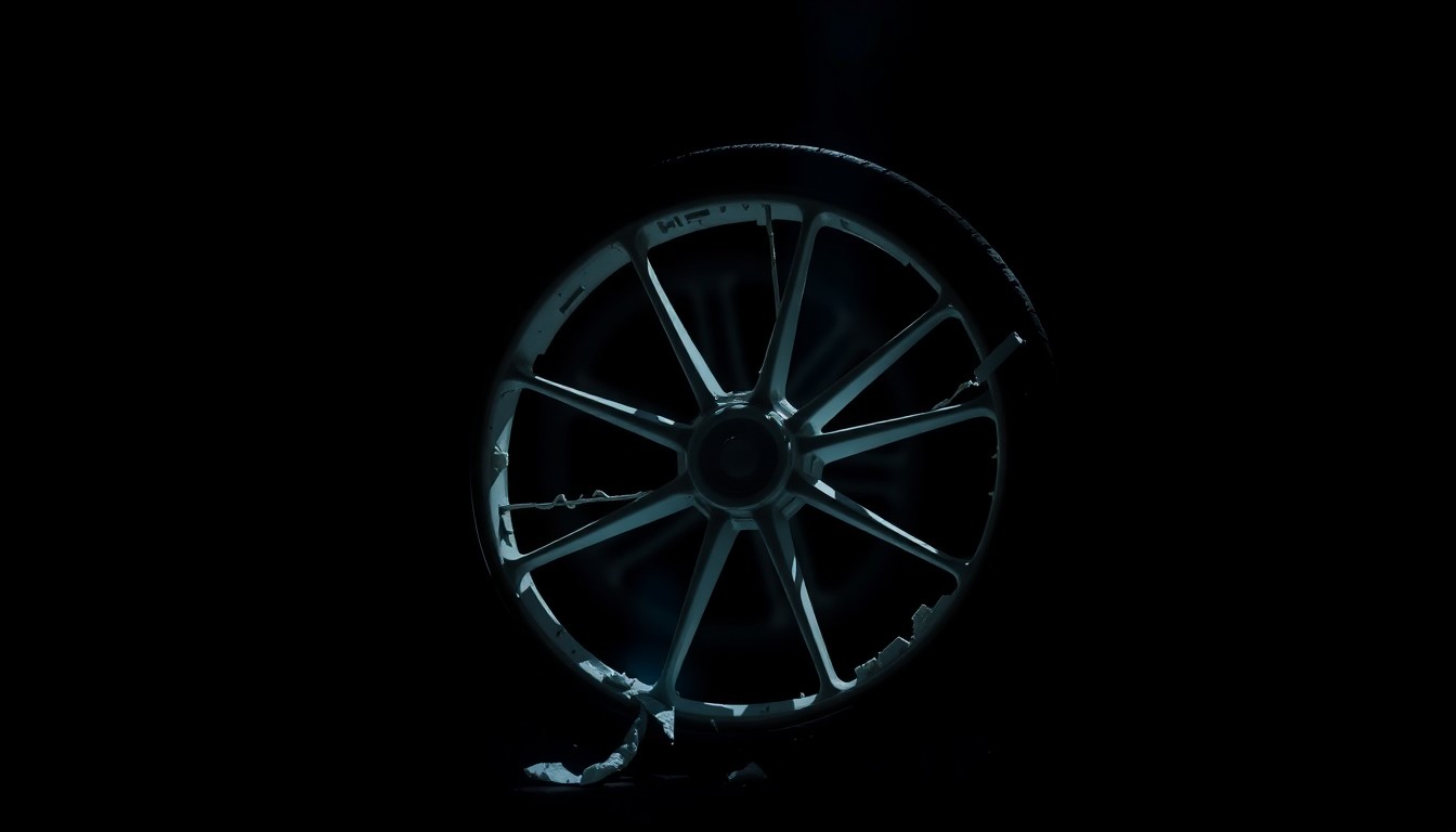 An extreme close-up photograph of a shattered baby stroller wheel against a pitch-black background, capturing the gritty, investigative mood of this tragic crime scene.