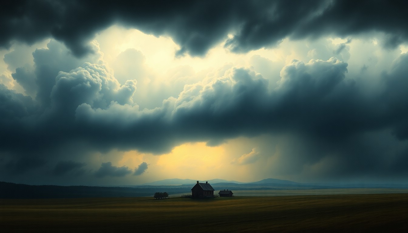A sweeping, atmospheric landscape painting in muted tones of gray, blue, and green, with a small, isolated farmhouse or rural structure dwarfed by the immense, looming presence of dark, ominous storm clouds filling the sky. The scene conveys a sense of the sublime, natural power that can overtake the region during periods of unsettled weather.