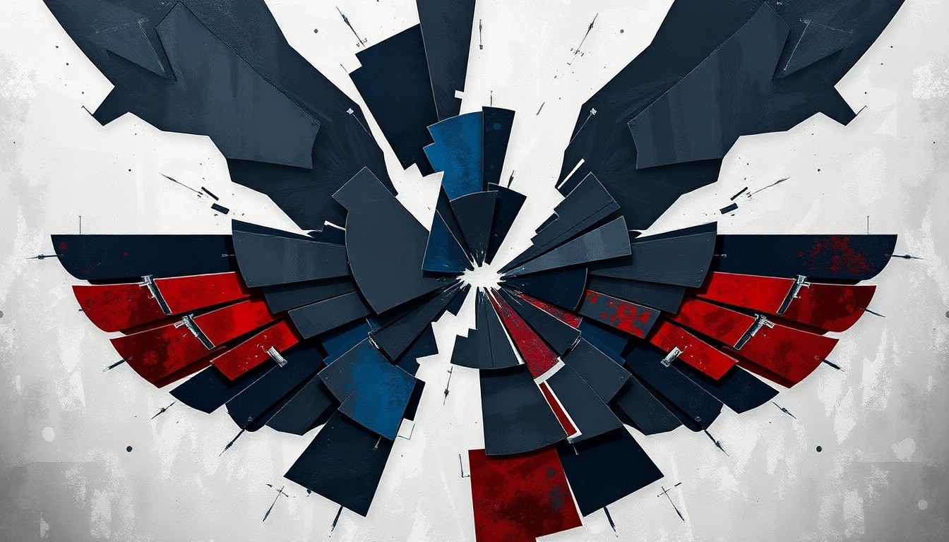 A fragmented, abstract painting featuring overlapping geometric shapes and brushstrokes in shades of gray, blue, and red, conceptually representing the disarray and dysfunction within the US military command structure.