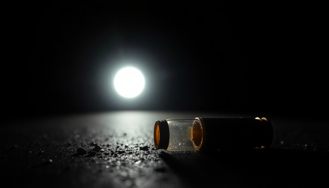 An extreme close-up photograph of a single 9mm spent shell casing lying on the ground, with the metallic texture and details of the casing sharply in focus against a completely black background, conveying the serious, investigative nature of the crime scene evidence.