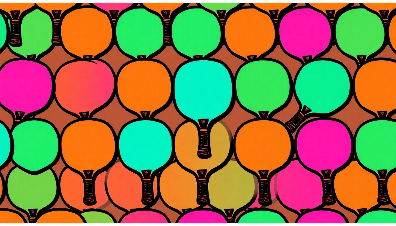 A brightly colored, high-contrast silkscreen print of a pickleball paddle repeated in a tight grid pattern, conceptually representing the active and engaging nature of the Well Lived NC Expo.