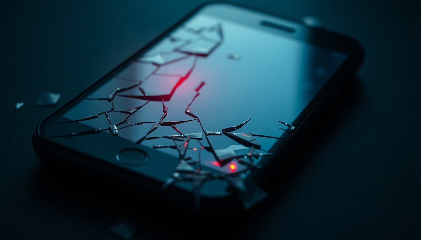 An extreme close-up photograph of a shattered smartphone screen reflecting a faint red light, conceptually representing the aftermath of a violent confrontation in the music industry.