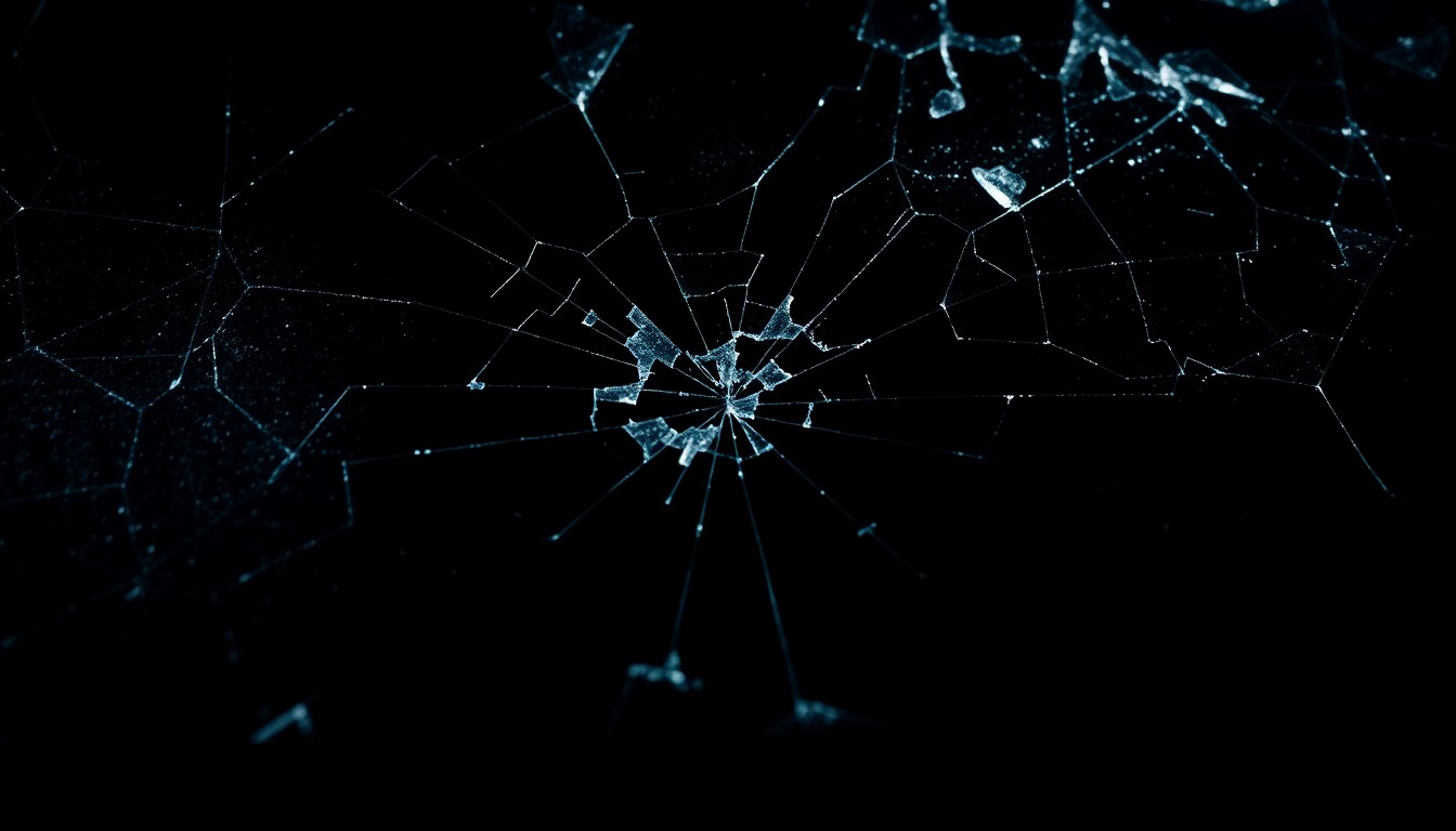 An extreme close-up photograph of a cracked and shattered car windshield, capturing the texture and dramatic lighting to convey a sense of investigation and unresolved tension.