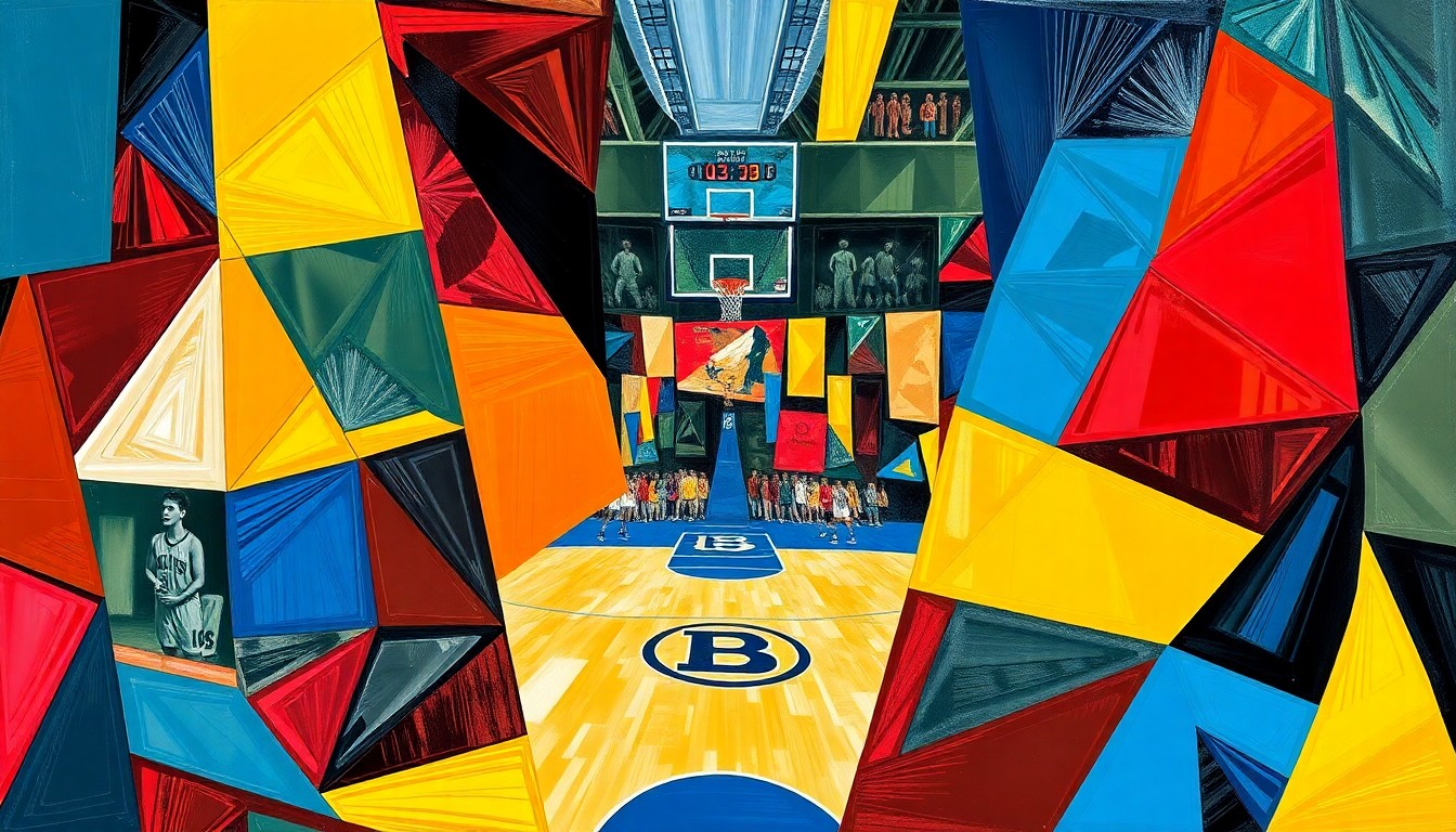 A cubist, geometric painting in vibrant shades of blue and gold, representing the dynamic action and energy of a women's college basketball game, with the players and court fragmented into overlapping angular shapes and planes.