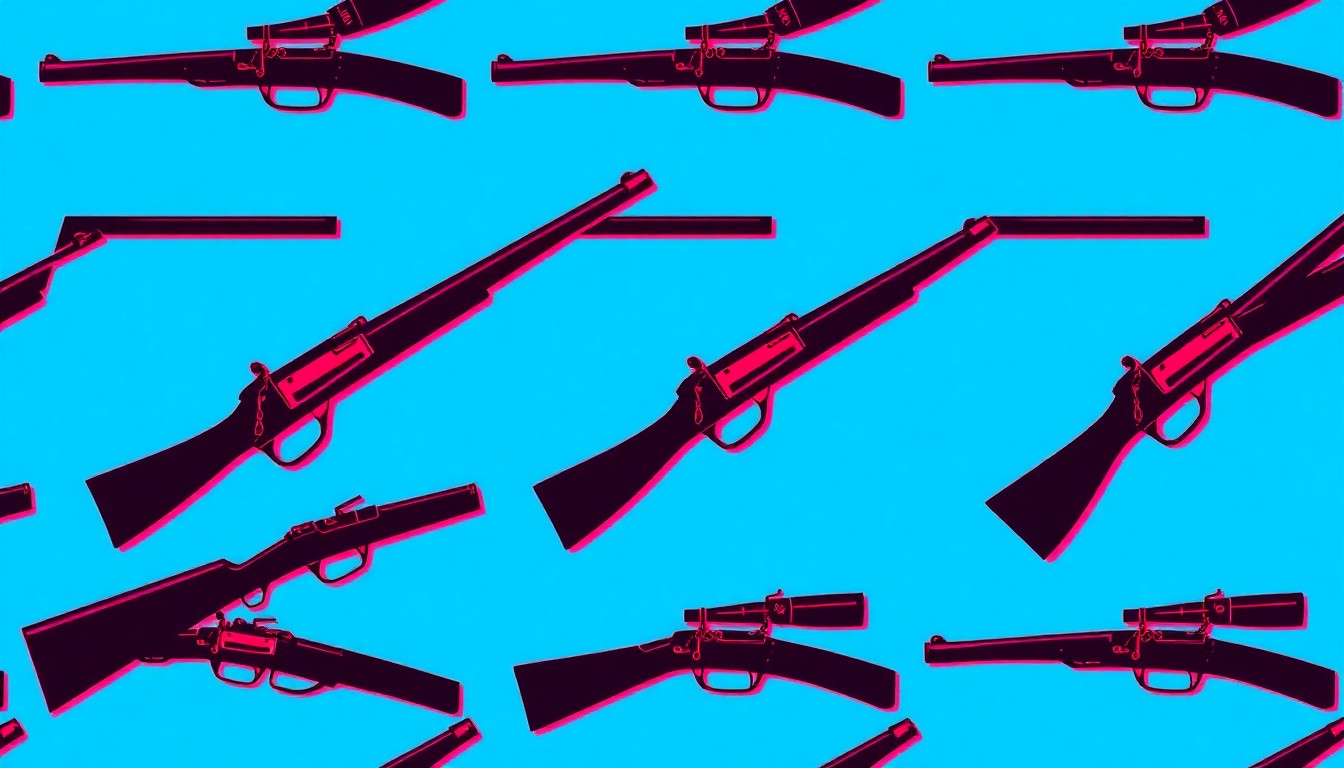 A brightly colored, high-contrast silkscreen print of a colonial-era musket repeated in a tight grid pattern, capturing the iconic Revolutionary War weapon in a modern pop art style.