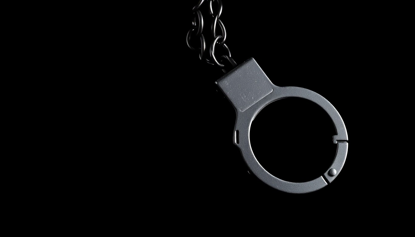An extreme close-up photograph of a pair of handcuffs against a pitch-black background, conveying a stark, gritty, and investigative aesthetic.