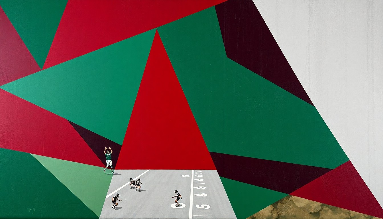 A fragmented, cubist-style painting depicting a football game broken down into sharp, overlapping geometric shapes in a palette of deep maroon, forest green, and steel grey, conveying a sense of strategic, multifaceted leadership.
