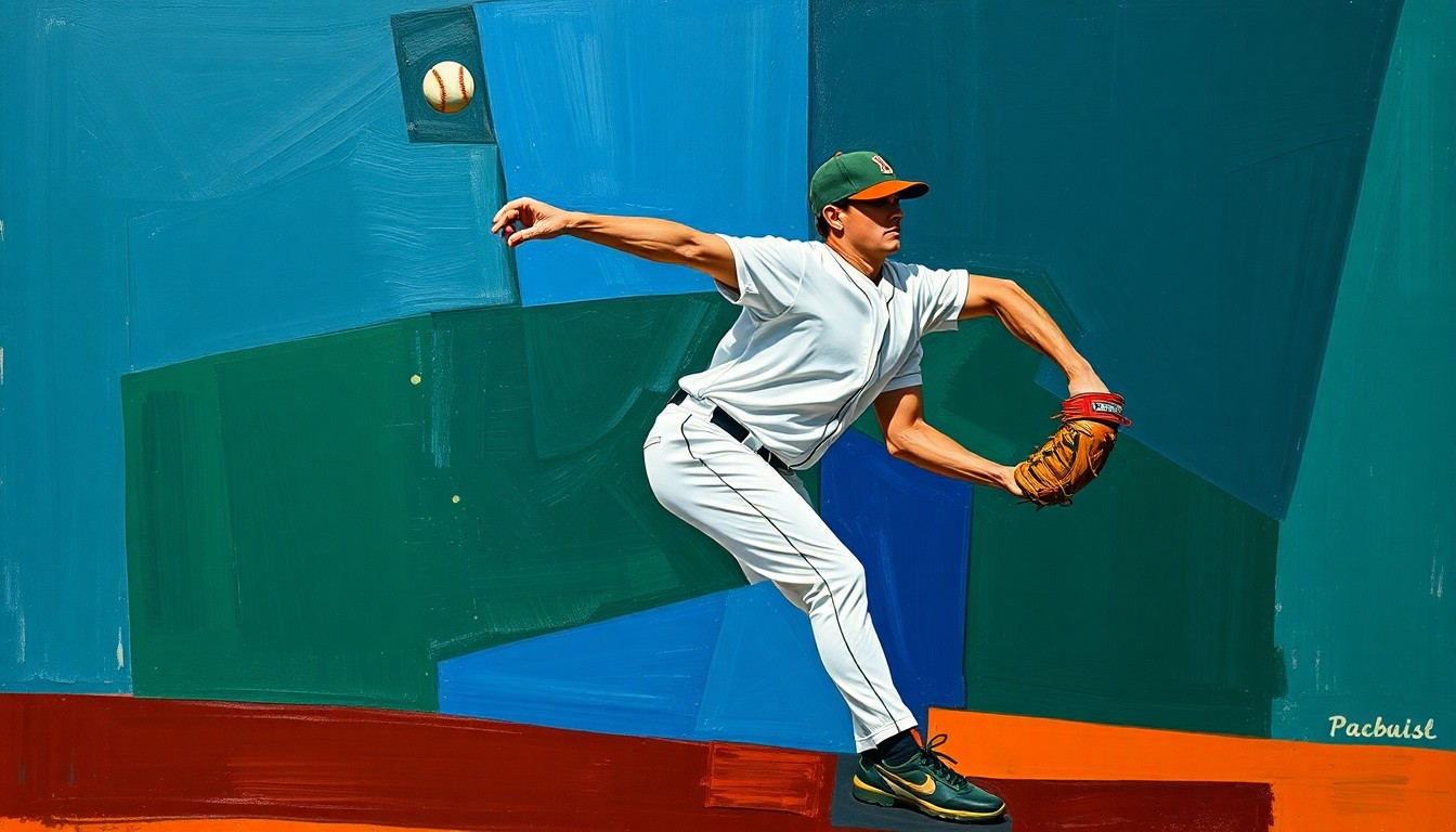A cubist, geometric painting depicting the motion of a softball pitcher, with sharp, overlapping planes of navy, green, and orange conveying the intense physical demands of the sport.