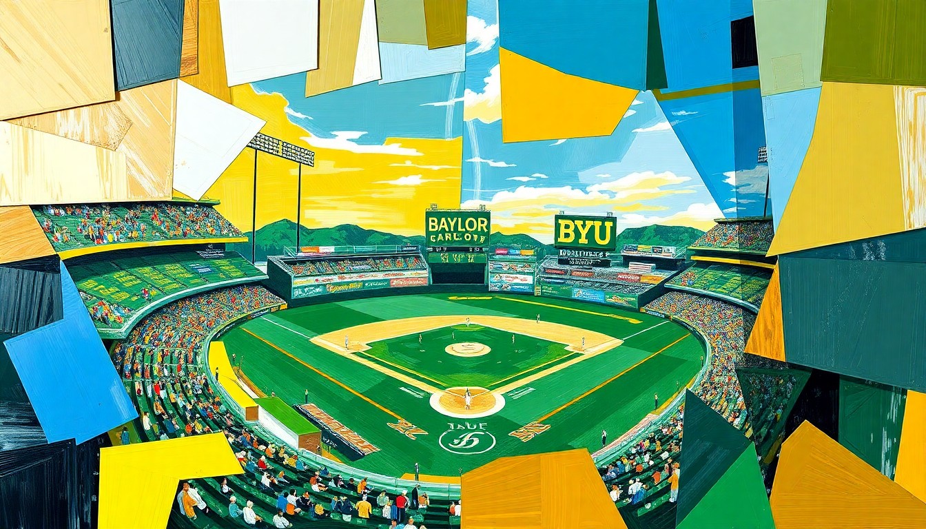 A cubist, geometric painting depicting a baseball game broken down into overlapping planes of green, gold, and blue, capturing the dynamic energy of the sport.