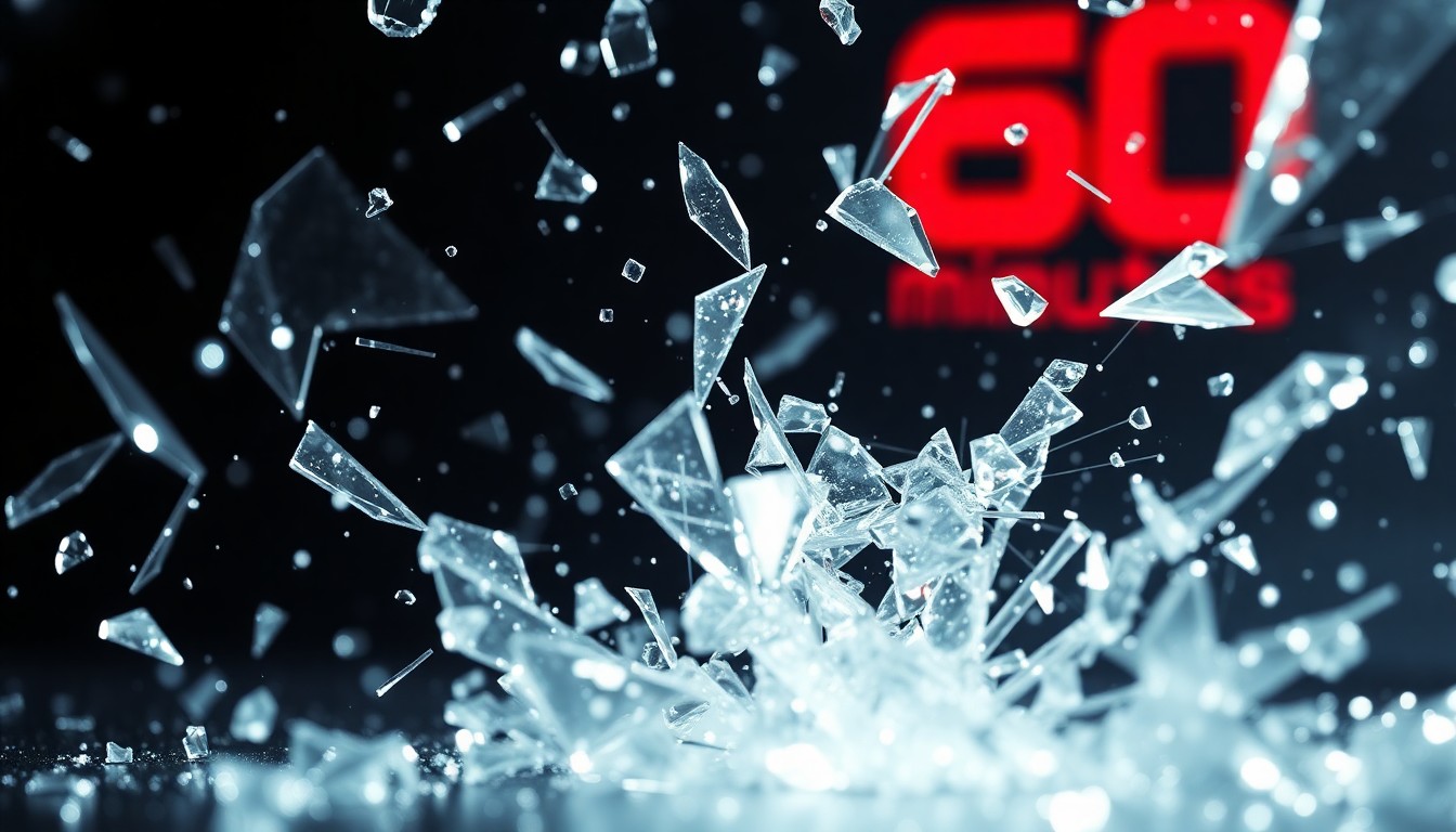 An extreme close-up photograph of shattered glass and glittering shards, conceptually representing the upheaval and changes expected at the '60 Minutes' program.