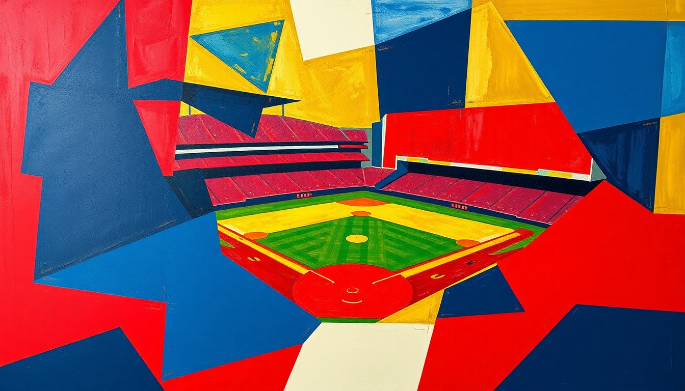 A fragmented, abstract painting depicting a baseball game, with sharp angular shapes and planes of red, blue, and gold representing the players, field, and crowd in a cubist style.