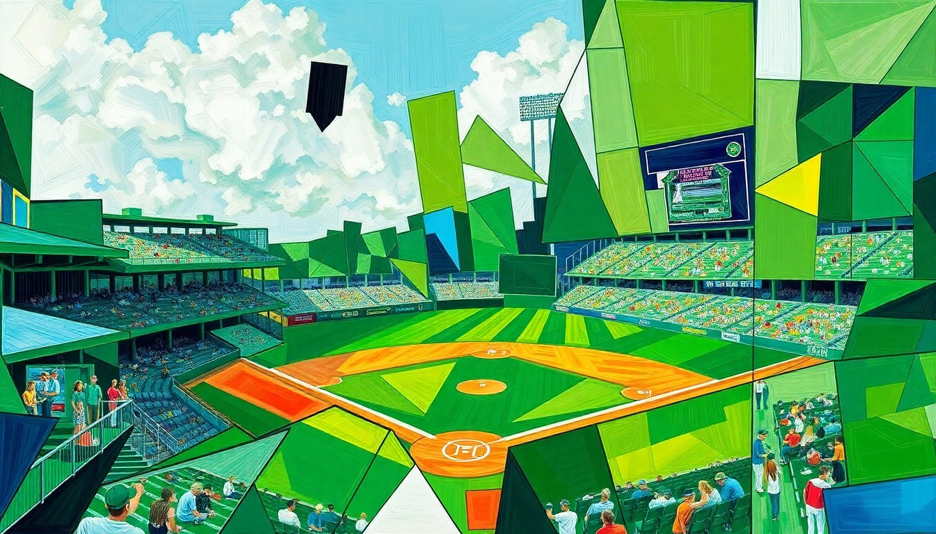 A fragmented, geometric painting in bold colors depicting the dynamic movements and competing perspectives of a high school baseball game.