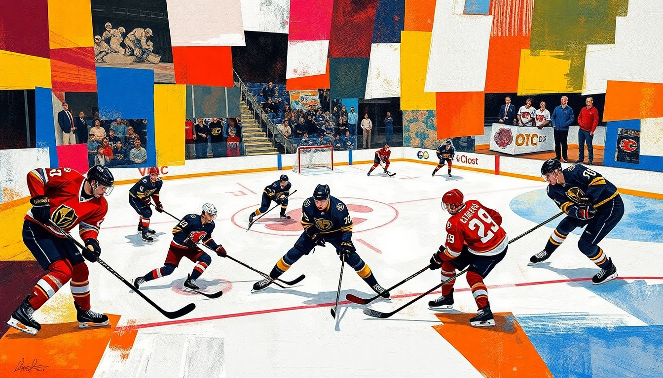 A cubist, geometric painting depicting the dynamic action of a hockey game, with fragmented shapes and planes of players, sticks, and pucks in motion against a backdrop of the teams' official colors.
