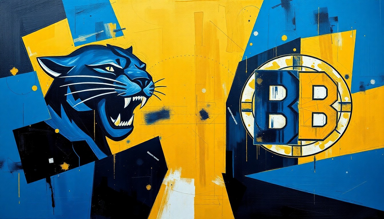 A cubist, geometric painting depicting the action and intensity of a close hockey game between the Florida Panthers and Boston Bruins, with overlapping planes of color representing the players, puck, and arena.