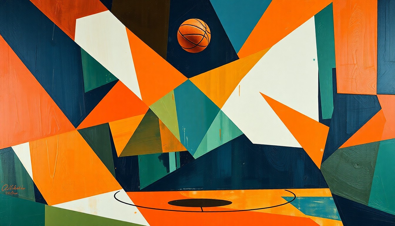 A cubist, geometric painting depicting a basketball game broken down into overlapping angular planes in warm orange, navy, and green tones, conveying the intensity and competitive spirit of the NIT semifinal matchup.