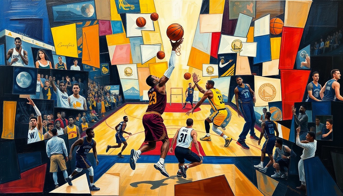 A cubist, geometric painting depicting the motion and intensity of a basketball game between the Cleveland Cavaliers and Golden State Warriors, with fragmented, overlapping shapes and planes representing the players' movements and the competitive nature of the contest.