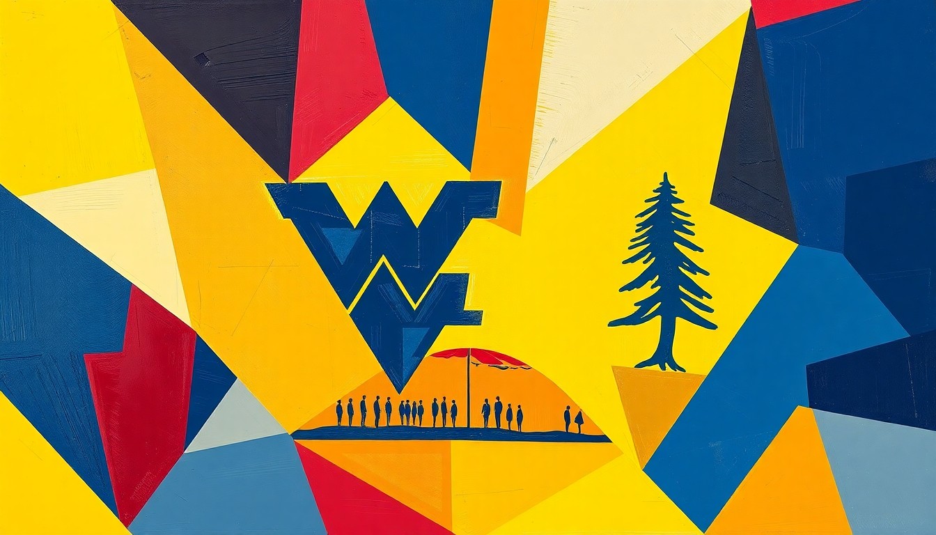 A cubist, geometric painting depicting the action and energy of the West Virginia vs Stanford basketball game, with the teams' colors of blue, gold, and red creating a dynamic, fragmented visual composition.