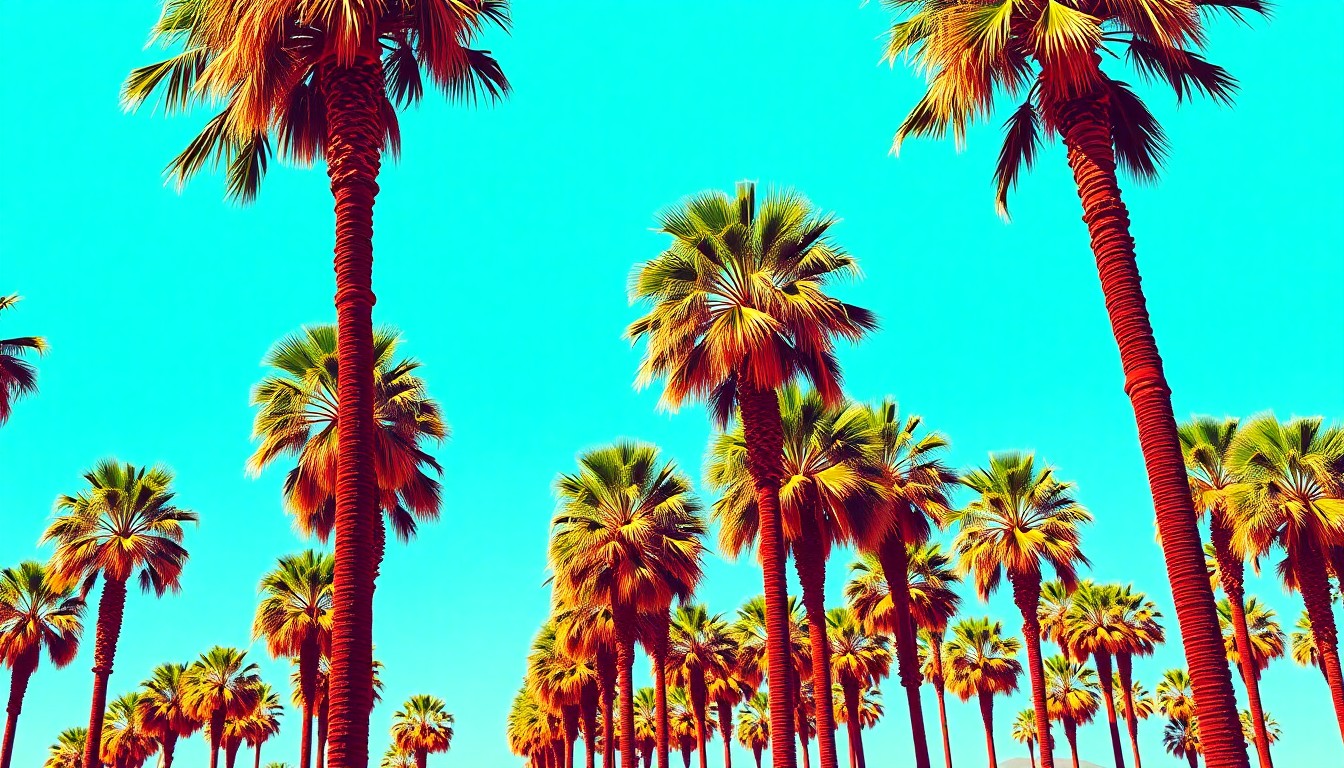 A bold, colorful silkscreen print featuring a repeating pattern of a stylized palm tree in shades of green, orange, and pink, capturing the iconic imagery and energy of Palm Springs in a modern pop art style.