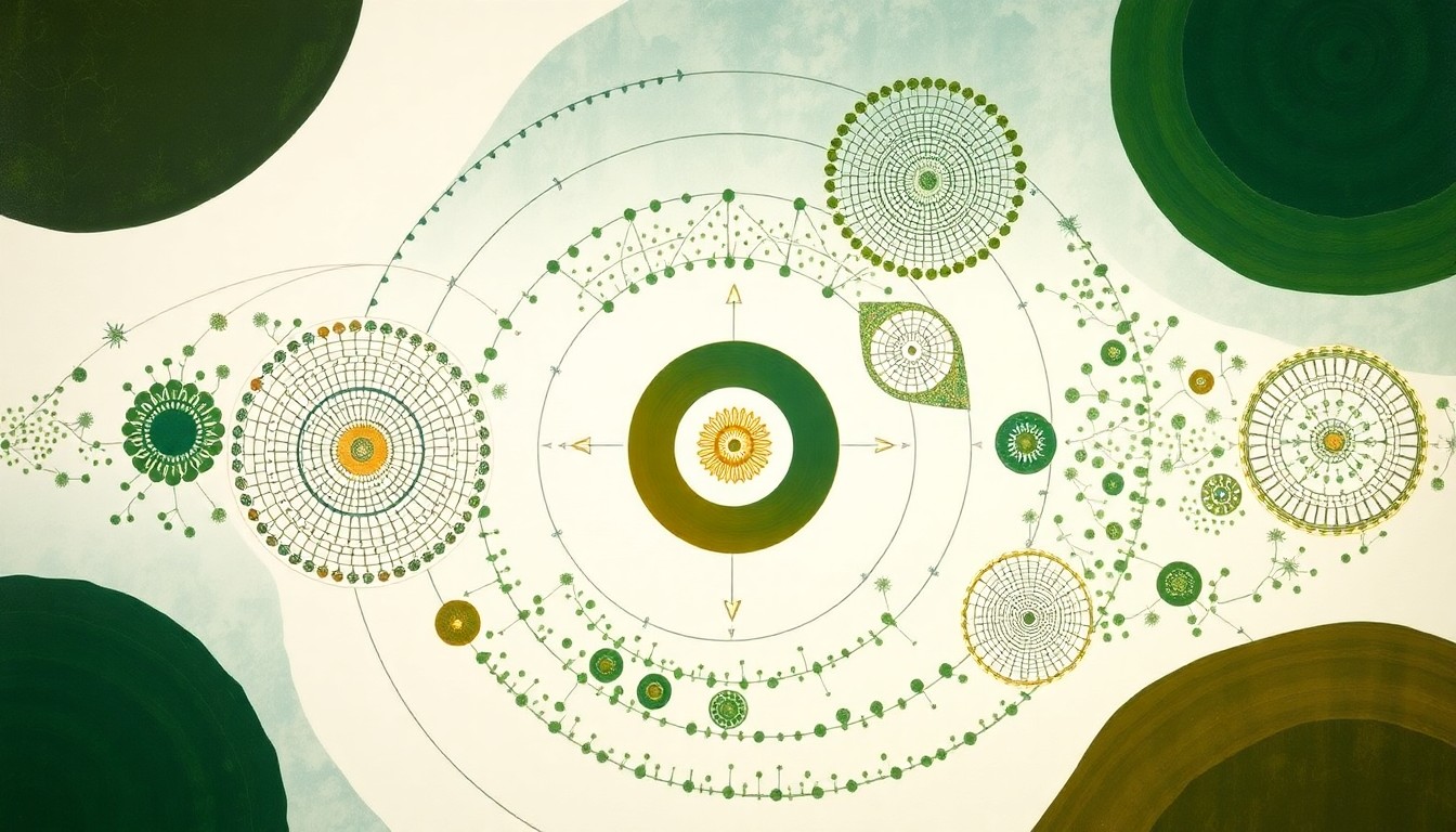 An abstract, highly textured painting in soft earth tones, featuring sweeping geometric arcs, concentric circles, and precise botanical spirals, conceptually representing the complex interactions between plants, microbes, and atmospheric carbon in a retired cropland ecosystem.