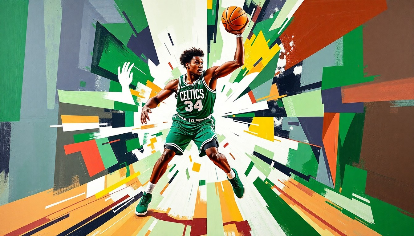 A cubist, geometric painting depicting the dynamic movements and skills of Boston Celtics player Jaylen Brown, with sharp, overlapping planes of green and white colors representing his basketball prowess.