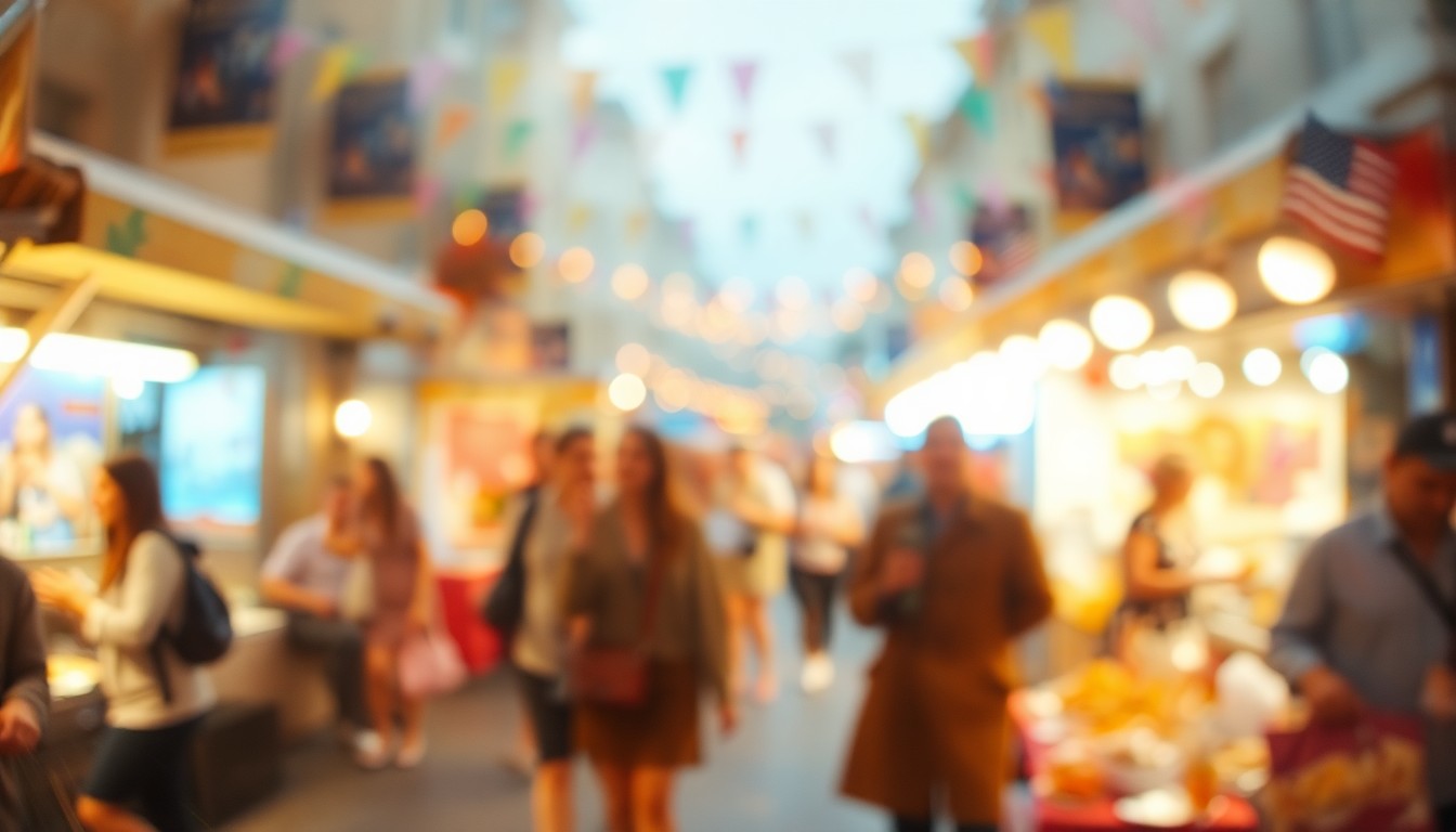 An abstract, out-of-focus photograph depicting a blurred street scene with colorful lights, music, and the energy of a lively festival, conveying the celebratory mood and community spirit of Philadelphia's cultural events.