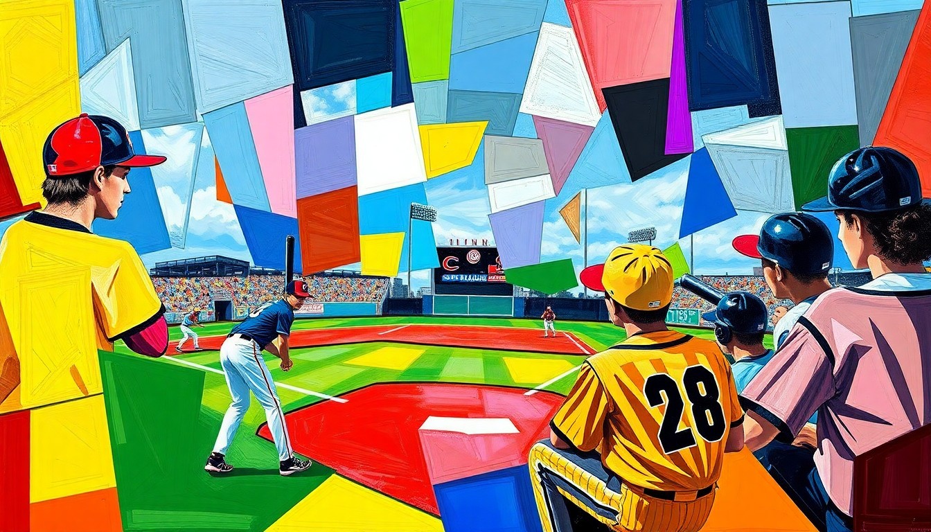 A fragmented, geometric painting depicting the dynamic movements and energy of a high school baseball game, with sharp planes of color representing the players and field.