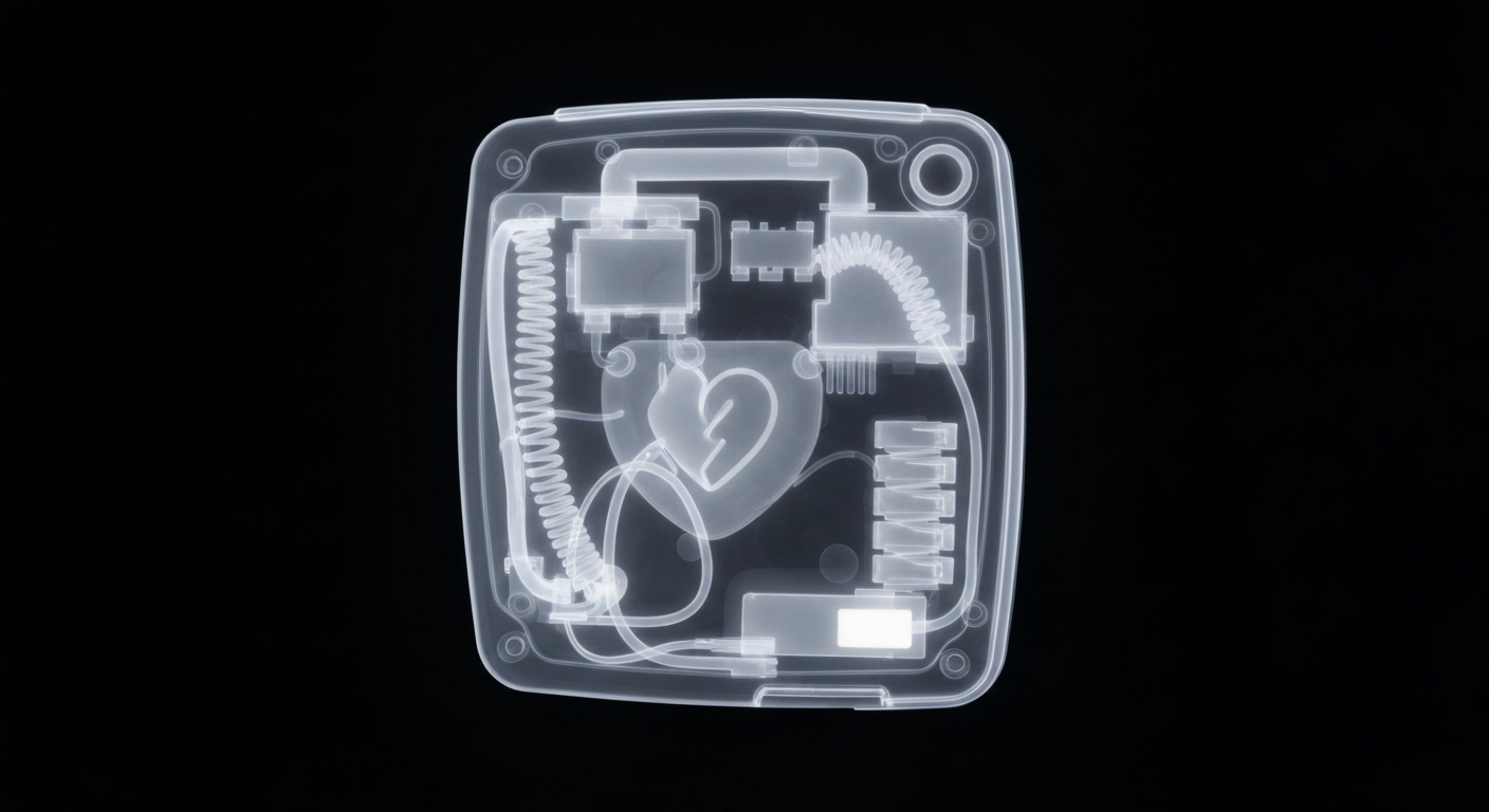 A ghostly, translucent X-ray photograph revealing the internal structure of an automated external defibrillator (AED) device, with its complex components glowing against a dark background to convey the life-saving technology.