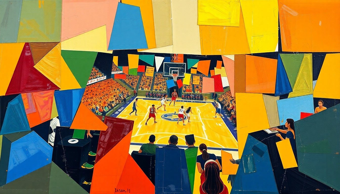 A cubist, geometric painting depicting the dynamic action of a women's basketball game, with sharp planes of the team's colors overlapping to create a sense of movement and intensity.