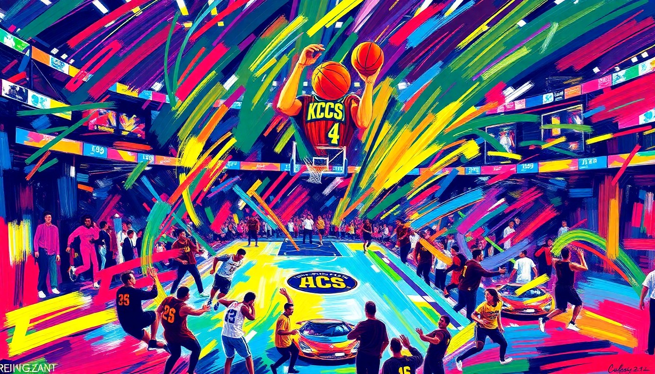 An abstract painting in vibrant neon colors, with rapid brushstrokes capturing the energy and intensity of a college basketball game.