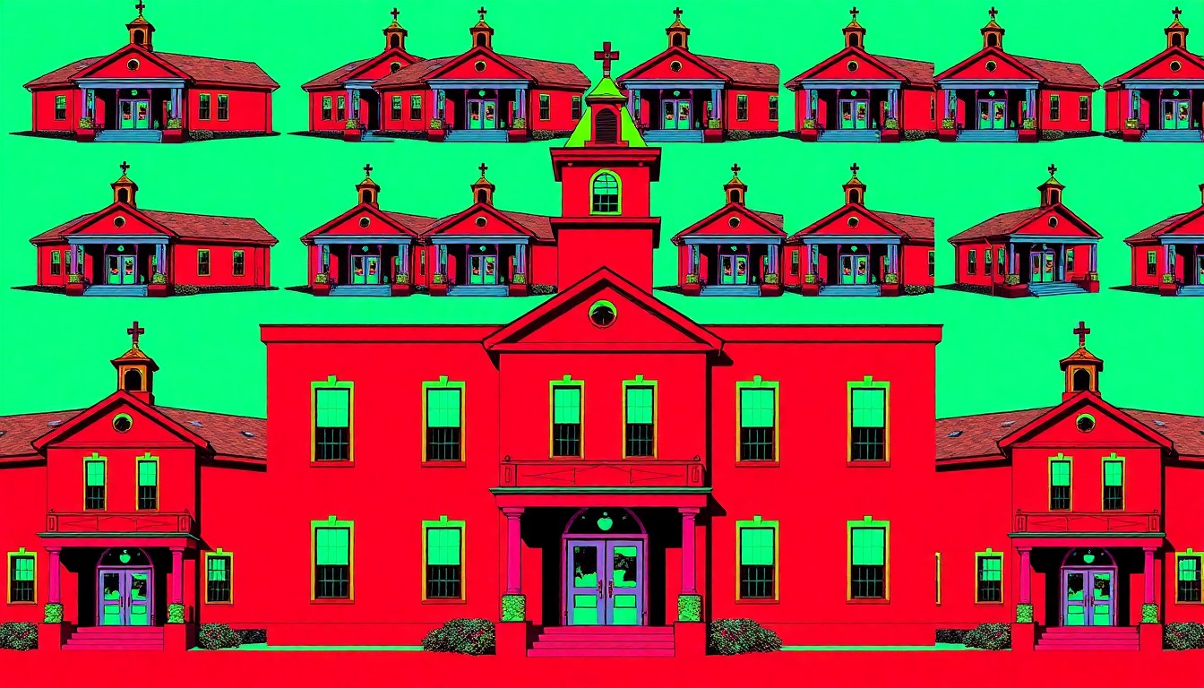 A highly stylized, silkscreen-inspired illustration featuring a repeated, abstracted image of a town hall building in a grid of neon colors and bold black outlines, conceptually representing the community-focused leadership that drives positive change in small towns.