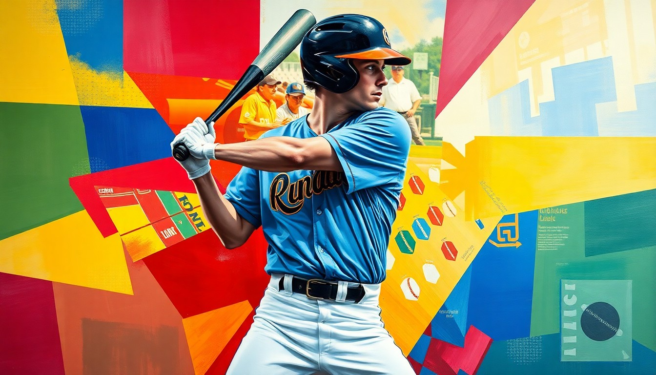 A fragmented, geometric painting depicting a baseball player's batting stance and swing, with the player's face obscured and the background a vibrant mix of team colors, conceptually representing the dynamic performance of a rising high school star.